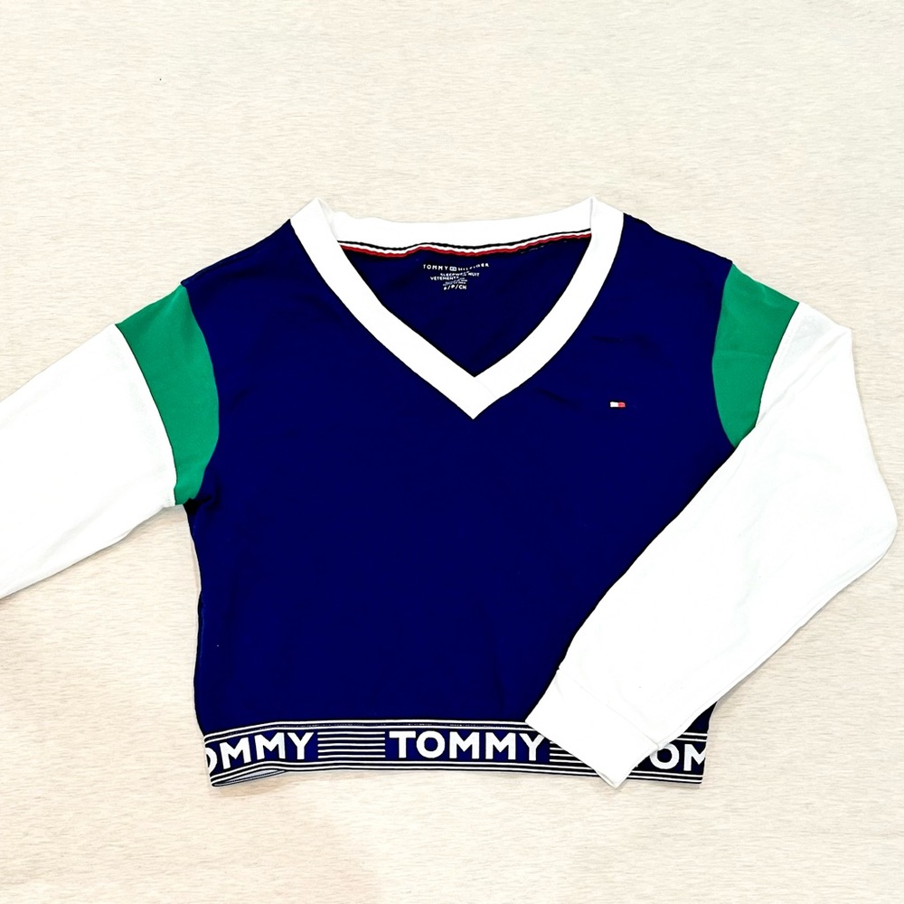 Tommy Hilfiger Lounge Logo Cropped Pullover Sweatshirt Long Sleeve V Neck Top